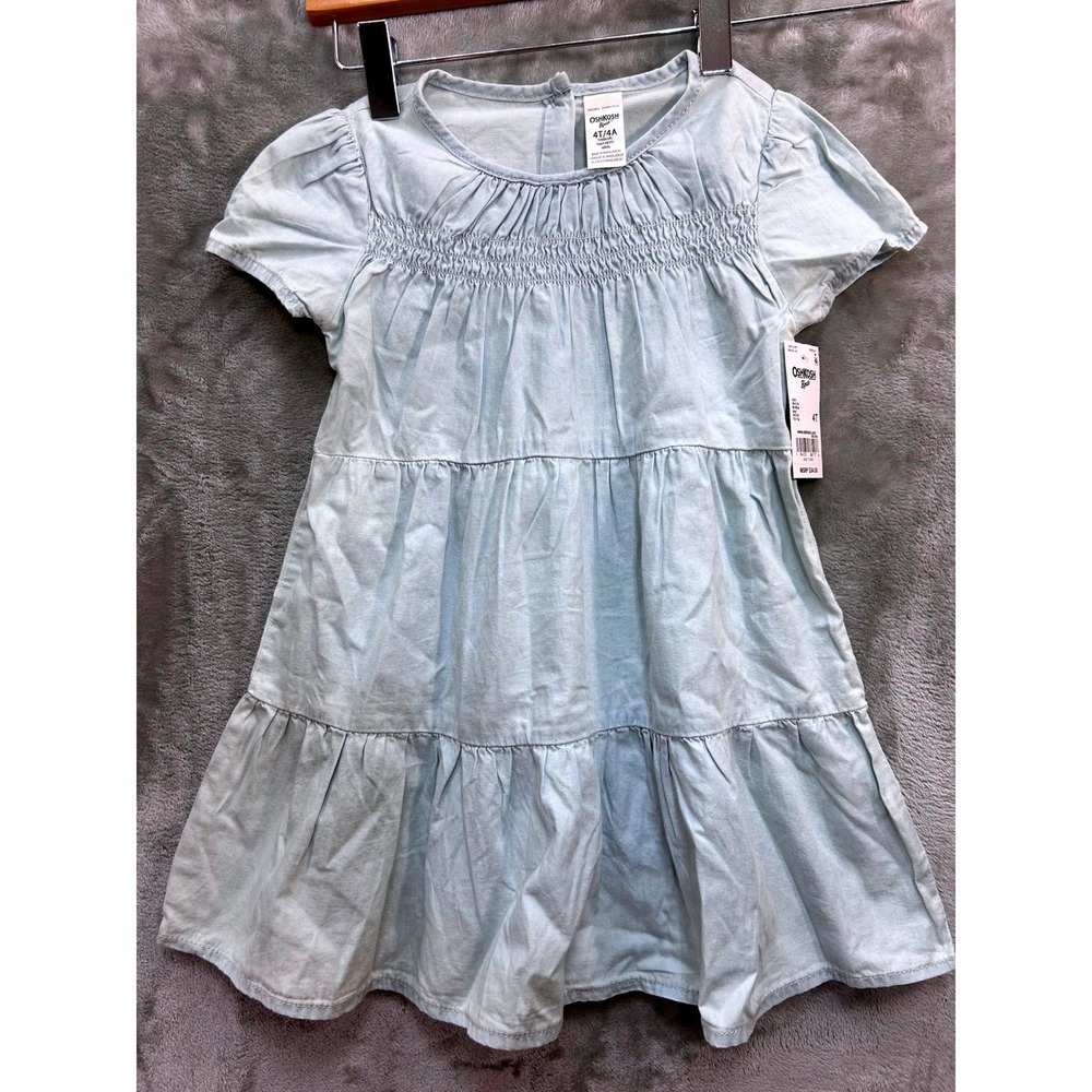 OshKosh Bgosh Toddler Girls Light Blue Tiered Smocked Chambray Dress 4T NEW